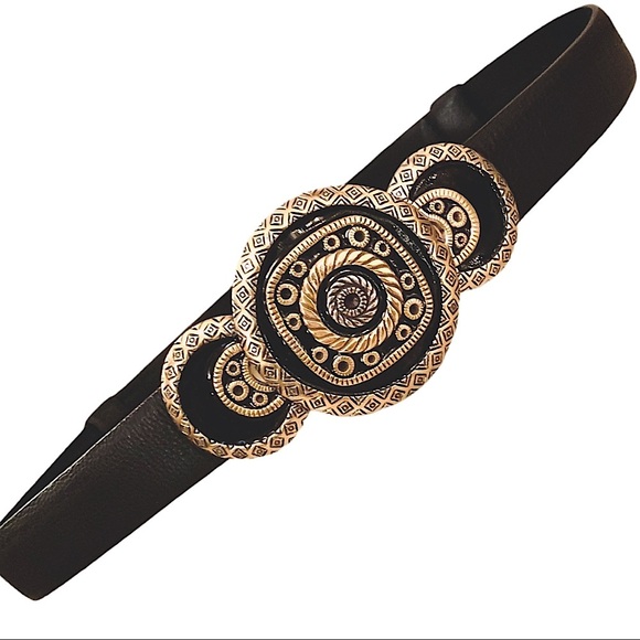 Chico’s black leather statement belt adjustable bold ornate buckle M/L EUC - Picture 2 of 12